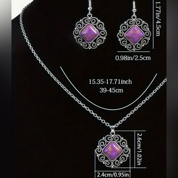 SET Gemstone inlaid amethyst silver filigree dangle hook earrings & NECKLACE NEW - Picture 3 of 3